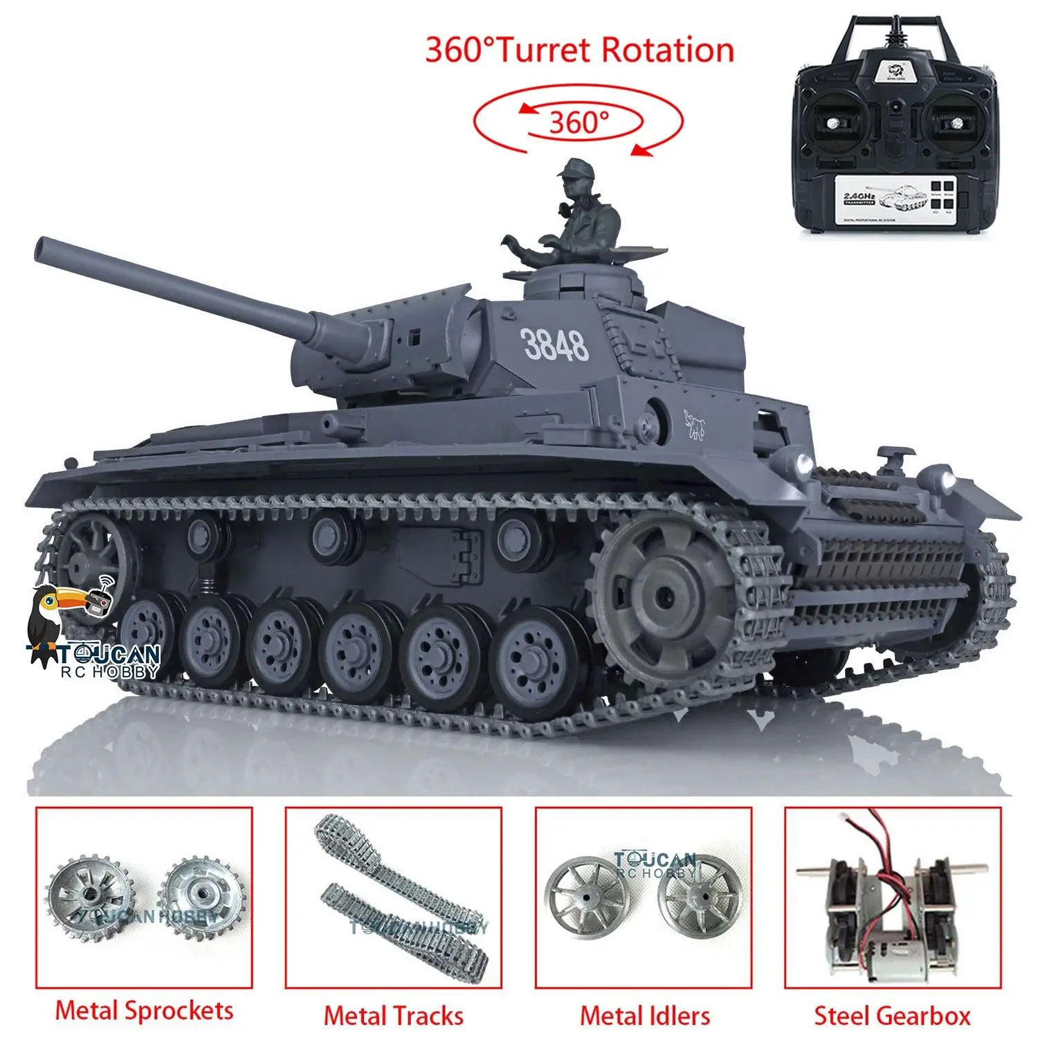 Henglong 1/16 Upgraded German Tank 3848 RC Tank Panzer III L 7.0 w/ 360Degrees Rotating Turret 2 Sounds for Radio Control Tank for