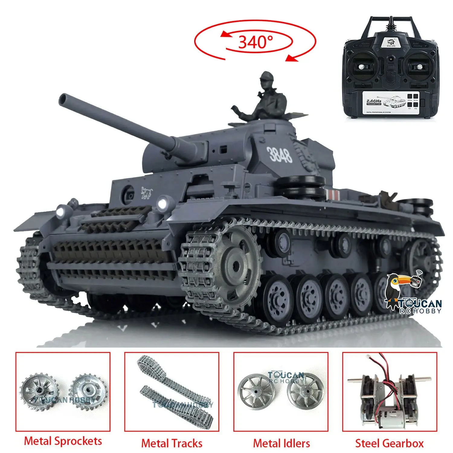 Henglong Upgraded German Tank 3848 RC Tank Panzer III L 7.0 1/16 W/ Metal Sprockets Idlers 2 Sounds for Radio Control Tank
