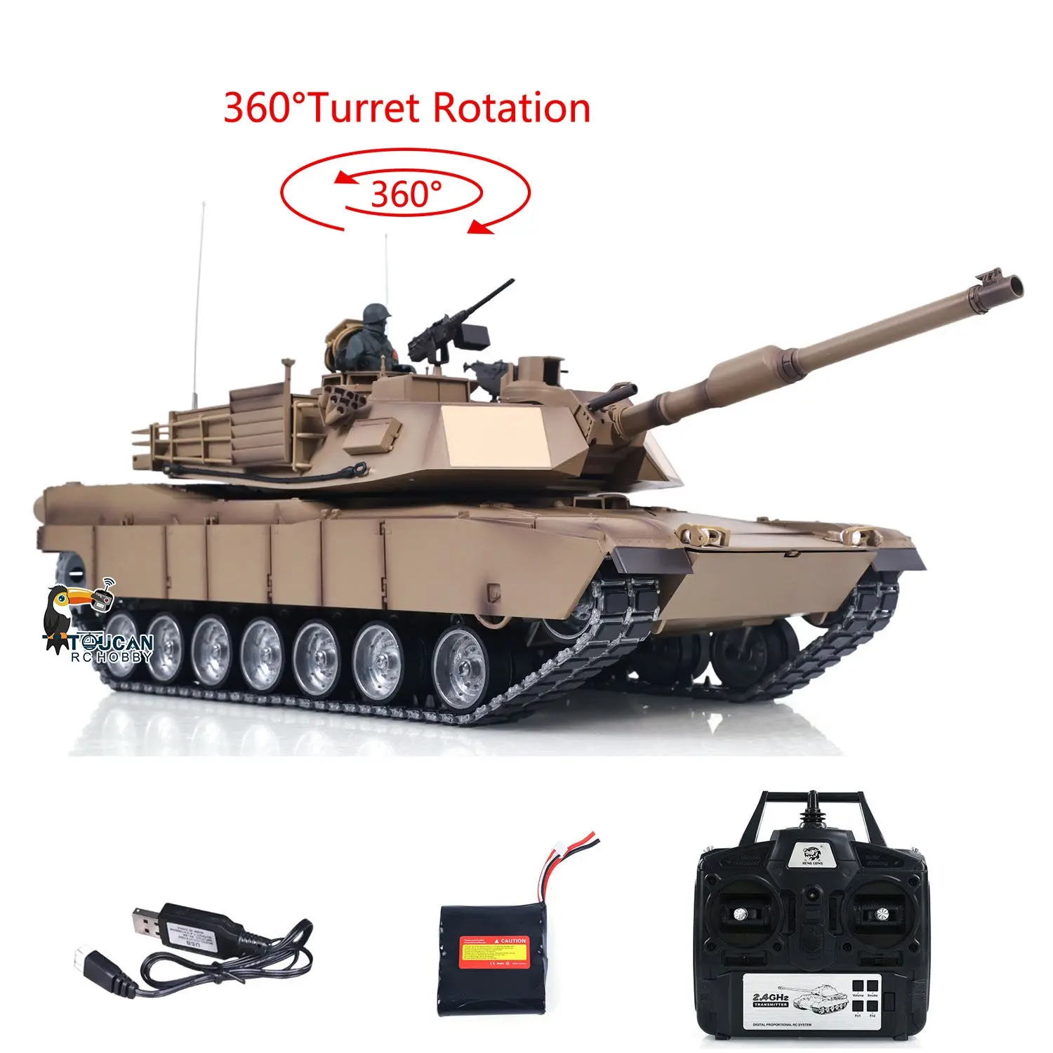 1/16 RC Main Battle Tank Abrams M1A2 Metal Chassis Wheels Steel Gearbox Turret 360 Rotation Barrel Recoil Elevation Battery