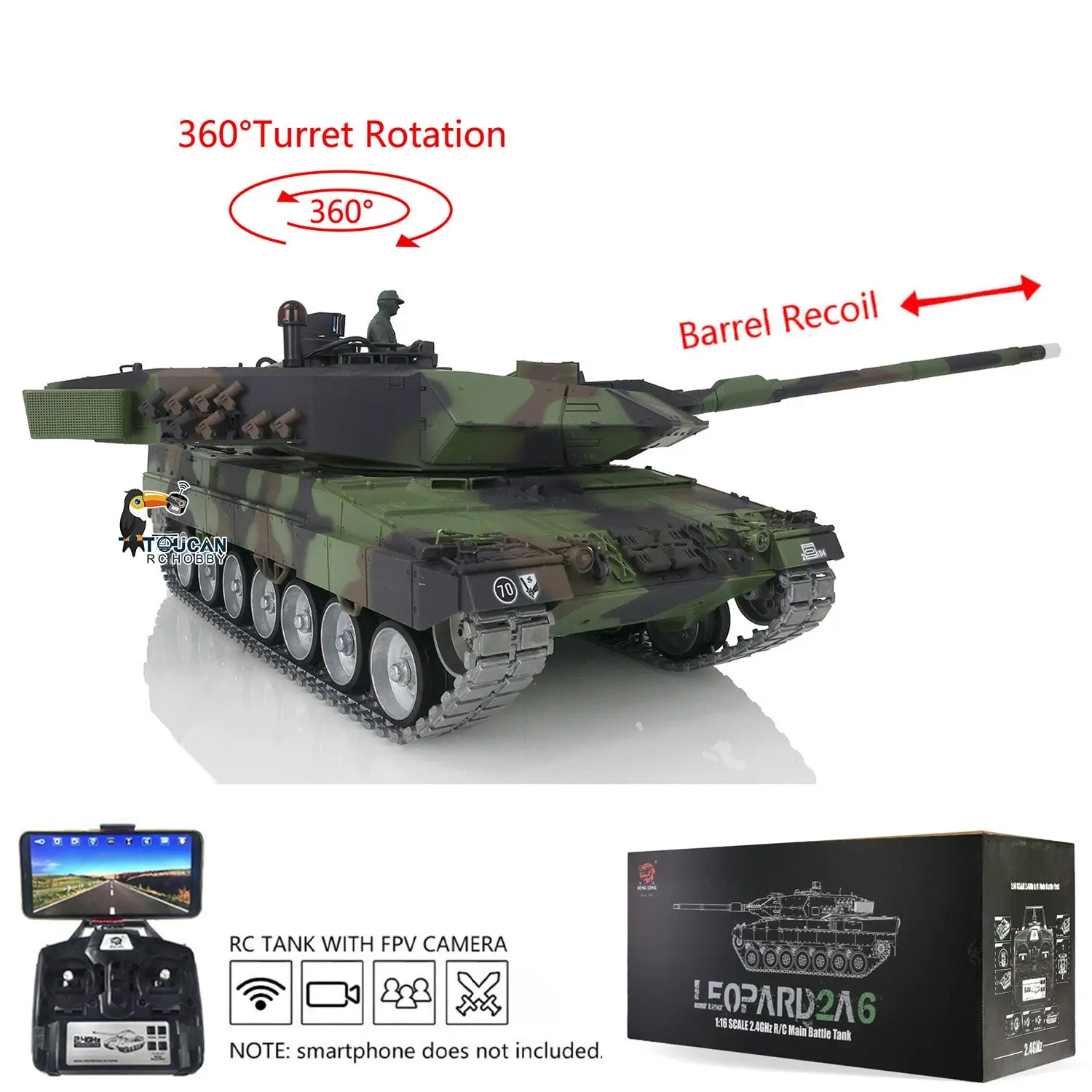 Henglong 1/16 7.0 Version Customized Leopard2A6 RC Tank 3889 w/ Metal Tracks FPV Barrel Recoil BB Shooting 360Degrees Rotating Turret