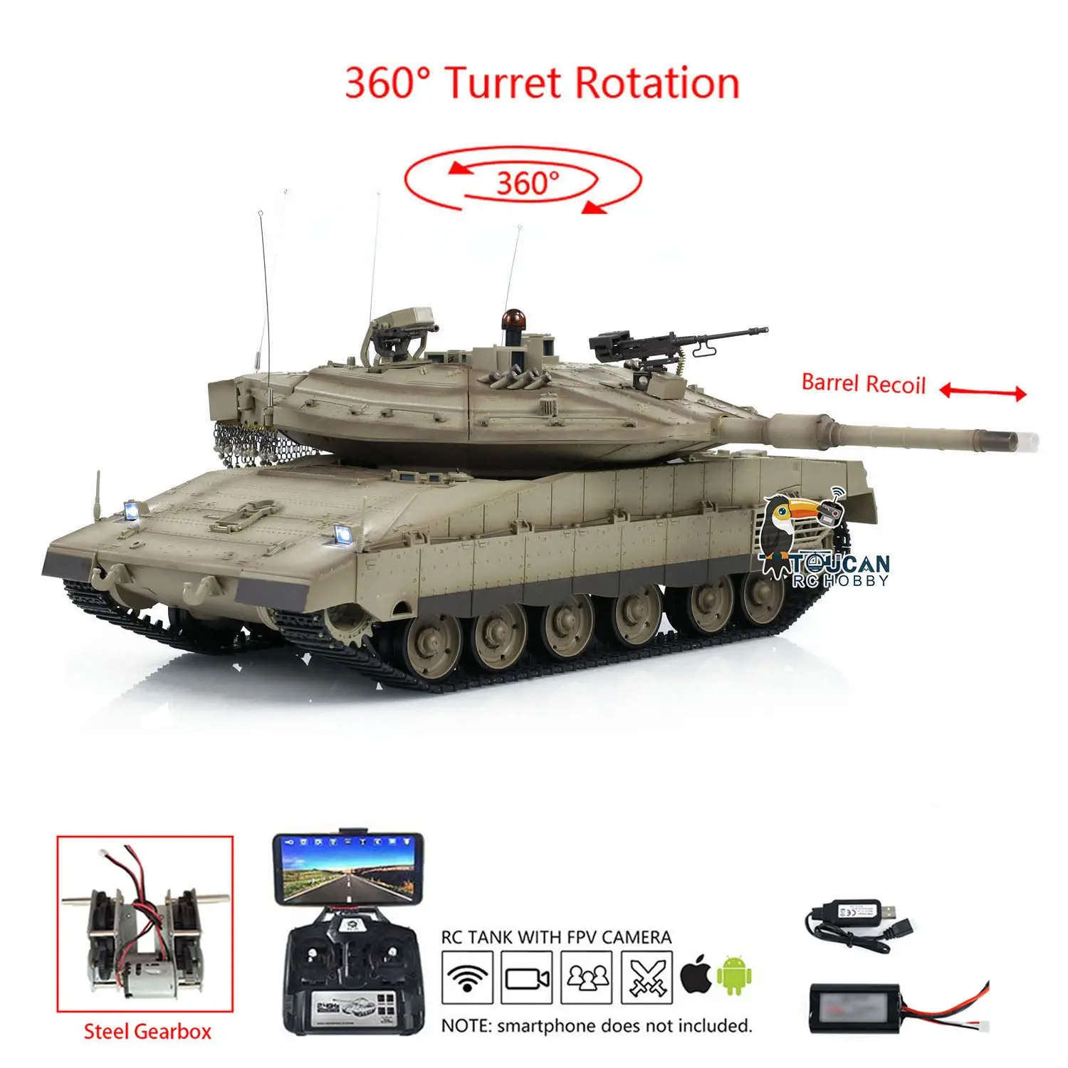 Henglong 3958 1/16 RC Tanks IDF Merkava MK IV Standard FPV Camera Driving Gearbox 360 Rotating Barrel Recoil Models