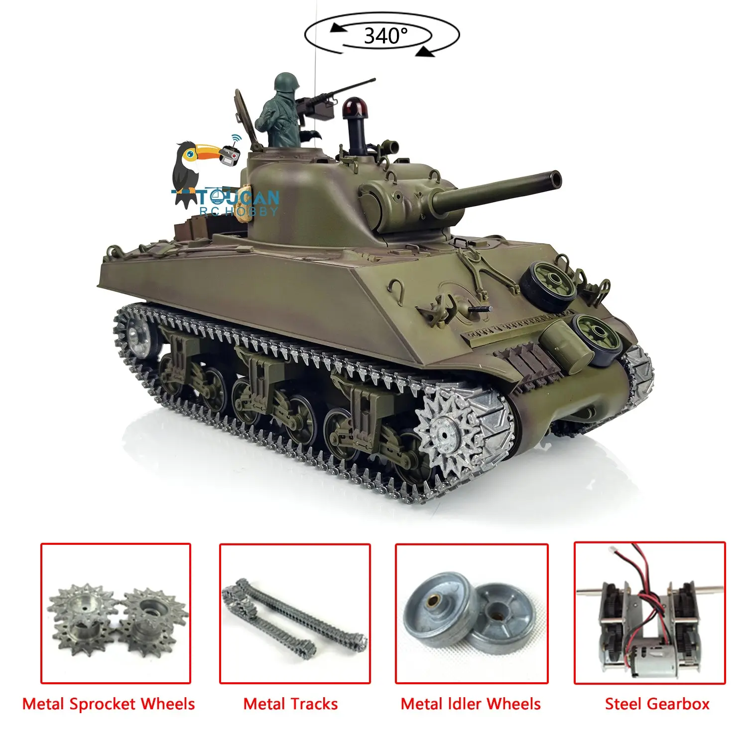 Henglong 1/16 Scale 7.0 Upgraded USA M4A3 Sherman RTR RC Tank 3898 Metal Tracks 340 Degree Turret 2.4Ghz Model