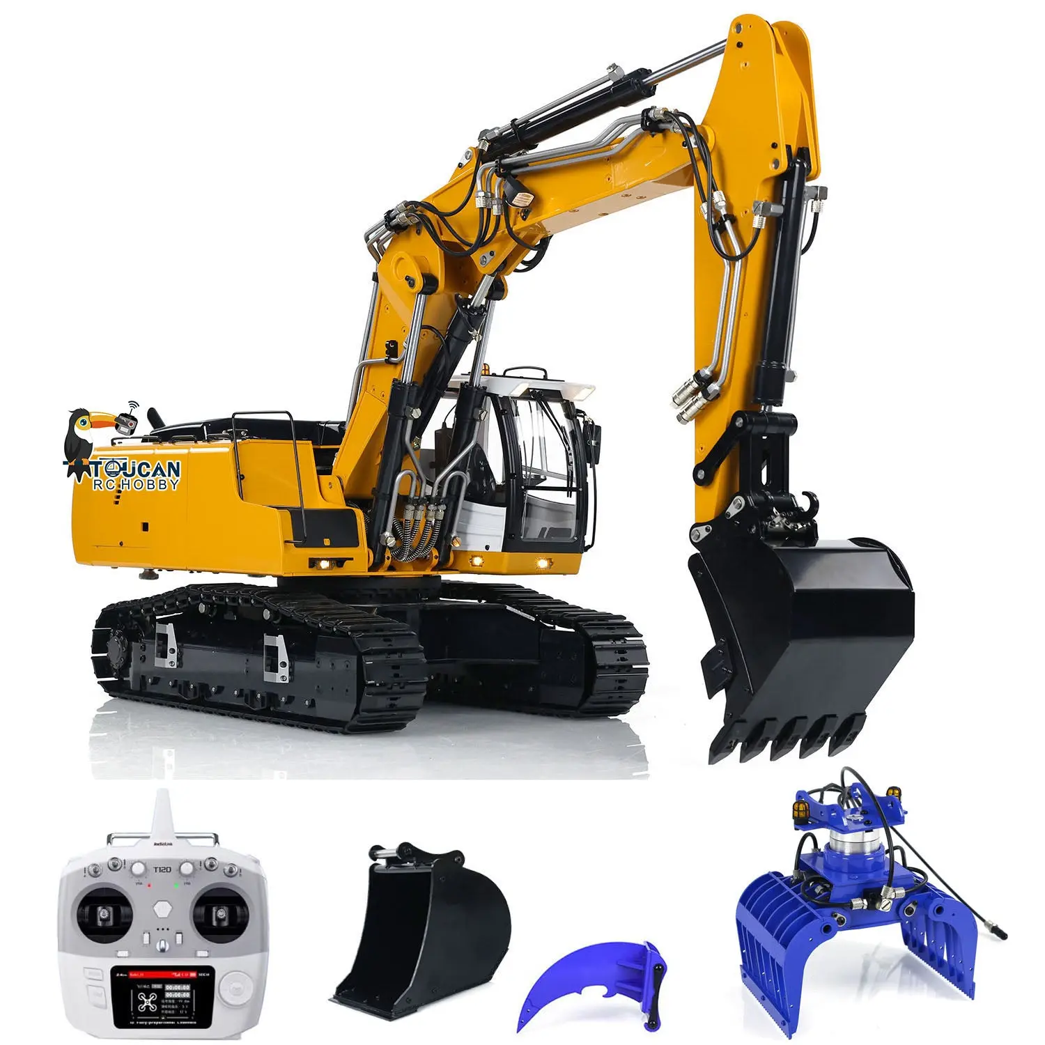 MTM 1/14 946-3 10CH RC Tracked Hydraulic Excavator 3 Arms Metal Diggers Assembled Painted Model Ripper Grab Bucket Toy ESC