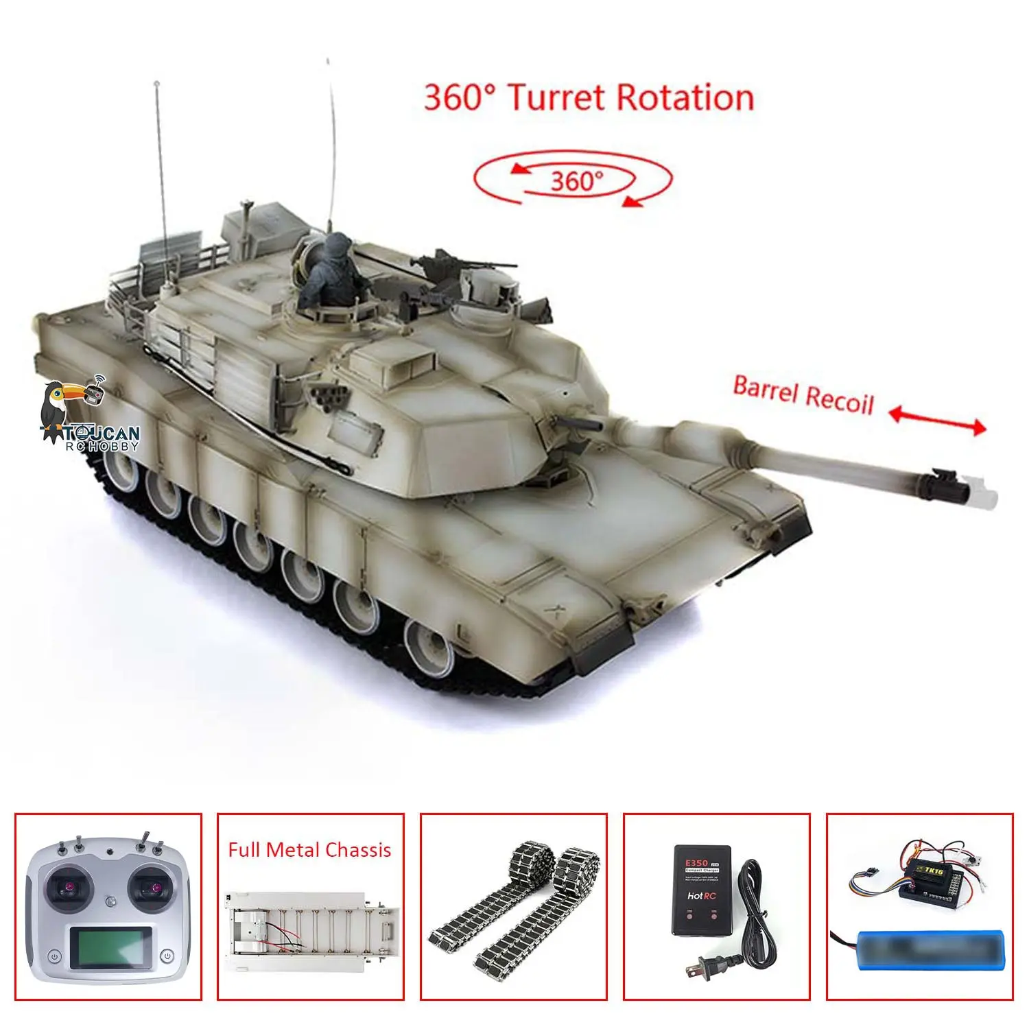Heng Long 1/16 RTR RC Tank 3918 M1A2 Abrams Full Metal Painted Chassis TK16 Mainboard IR Ver Smoke Upper Hull FS I6S 360 Turret