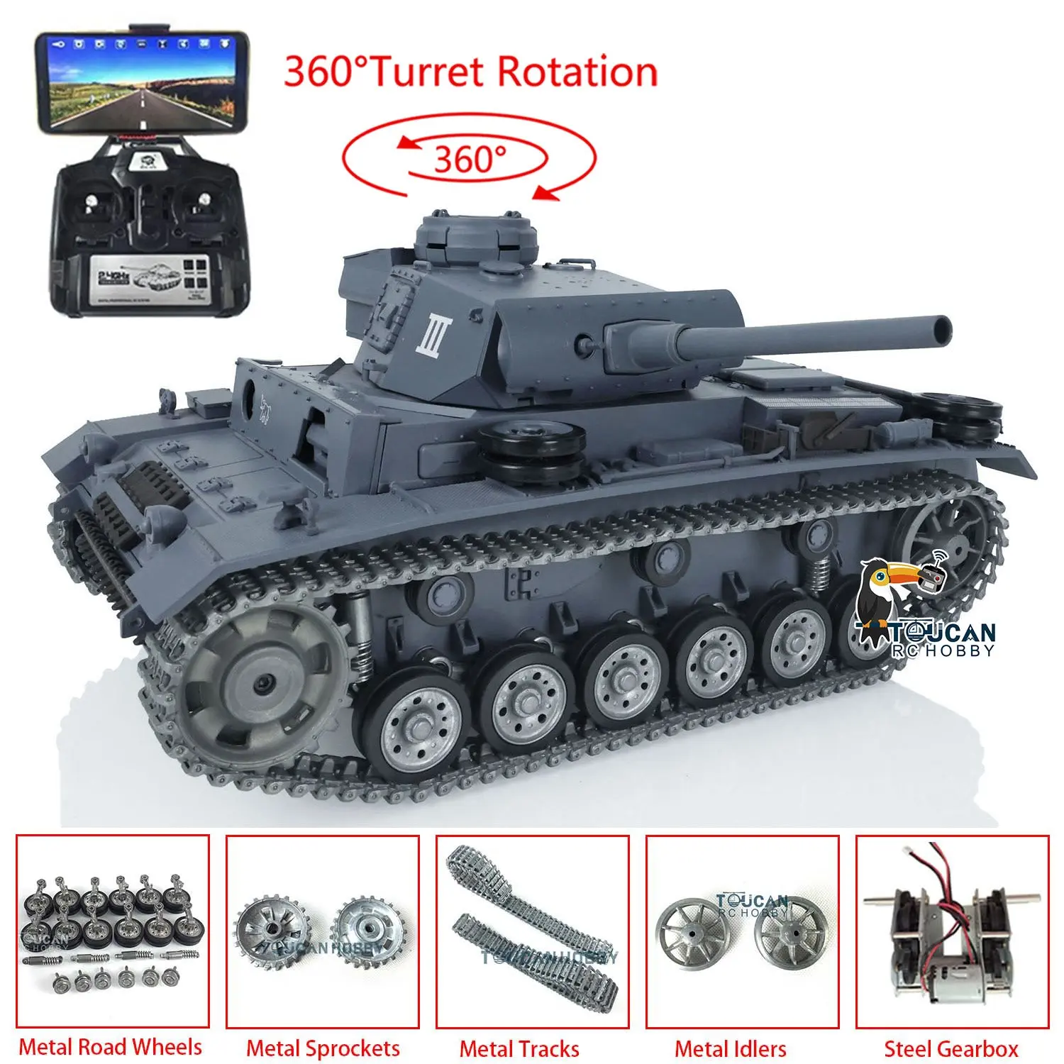 Henglong 1/16 RTR RC Tank 3848 7.0 Customized Panzer III L w/ 360Degrees Rotating Turret FPV Metal Tracks Road Wheels Smoking Gearbox