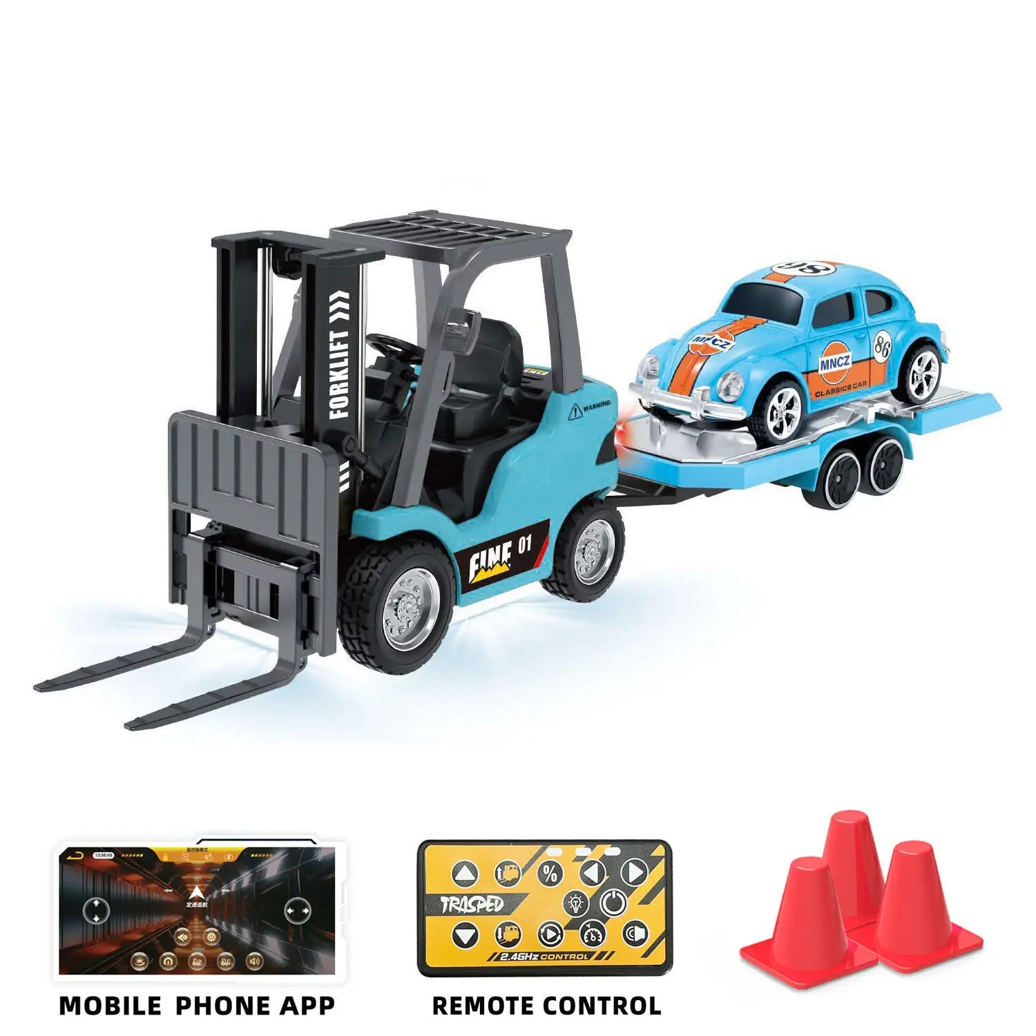 1/64 2.4GHz Remote Control Forklift Half Alloy RC Vehicle Light Sound Effect W/ Mini Trailer Car Tabletop Model Collection Gift