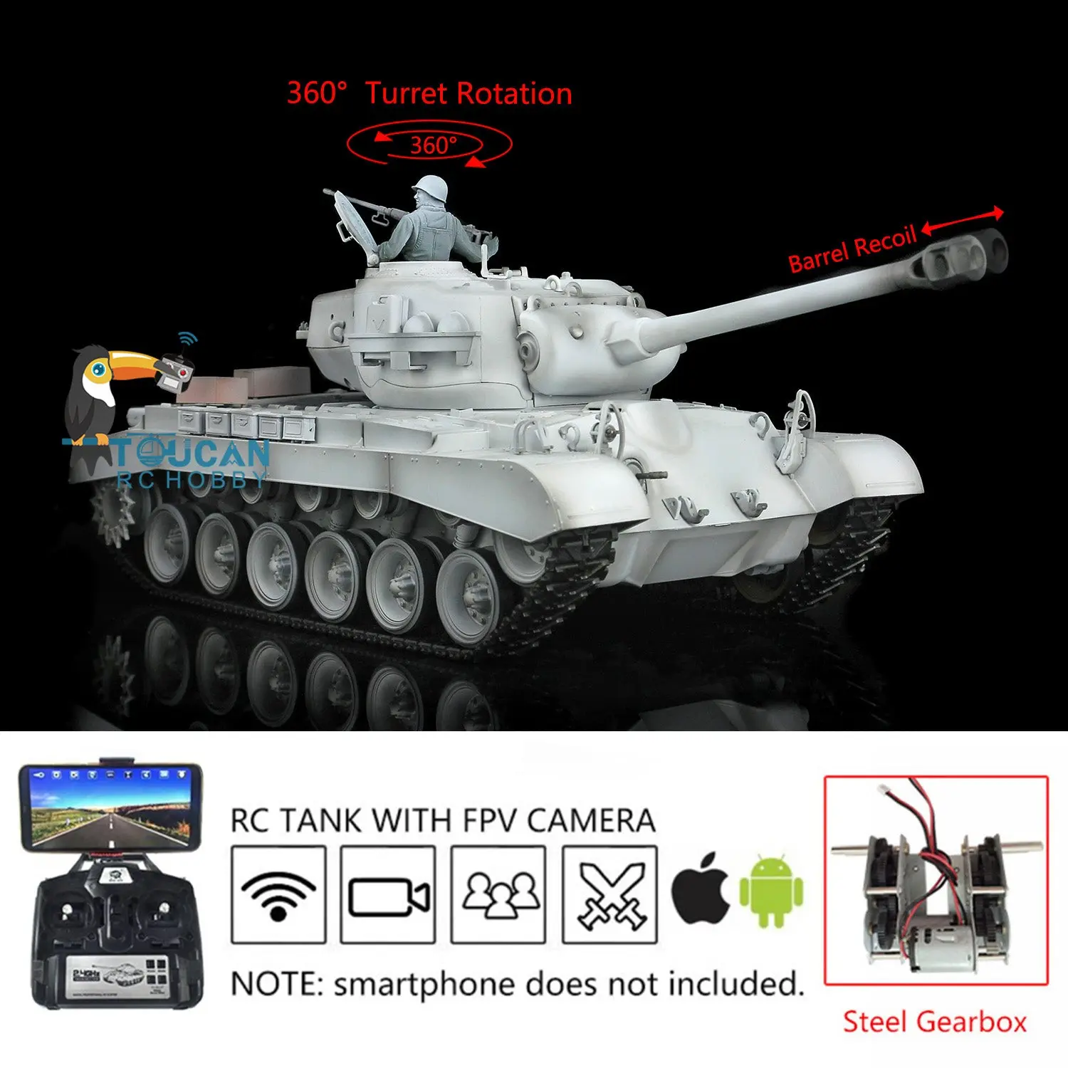 Henglong 1/16 Scale Plastic RC Tank 7.0 USA M26 Persing 3838 w/ 360Degrees Rotating Turret Steel Gearbox Barrel Recoil FPV w/ Holder