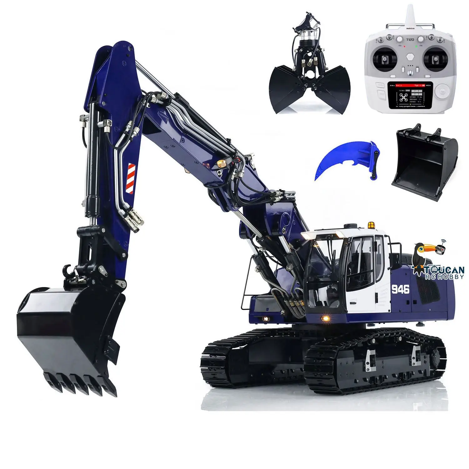 1/14 946 3-arm RC Hydraulic Equipment Remote Control Excavator Metal Digger Model Bucket Ripper Grab Tiltable Clamshell Bucket