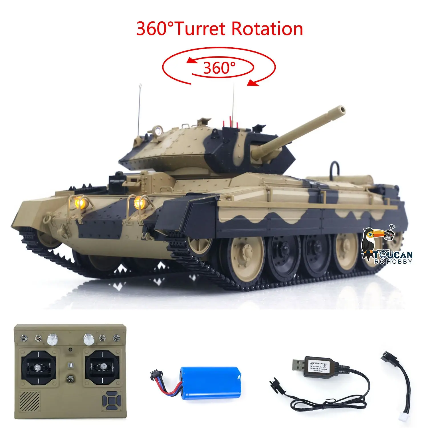 1/16 2.4G RC Military Tank CoolBank Crusader MK III Wireless Control Battle Tank Model 360??Turret Rotary Smoke Sound Lights RTR