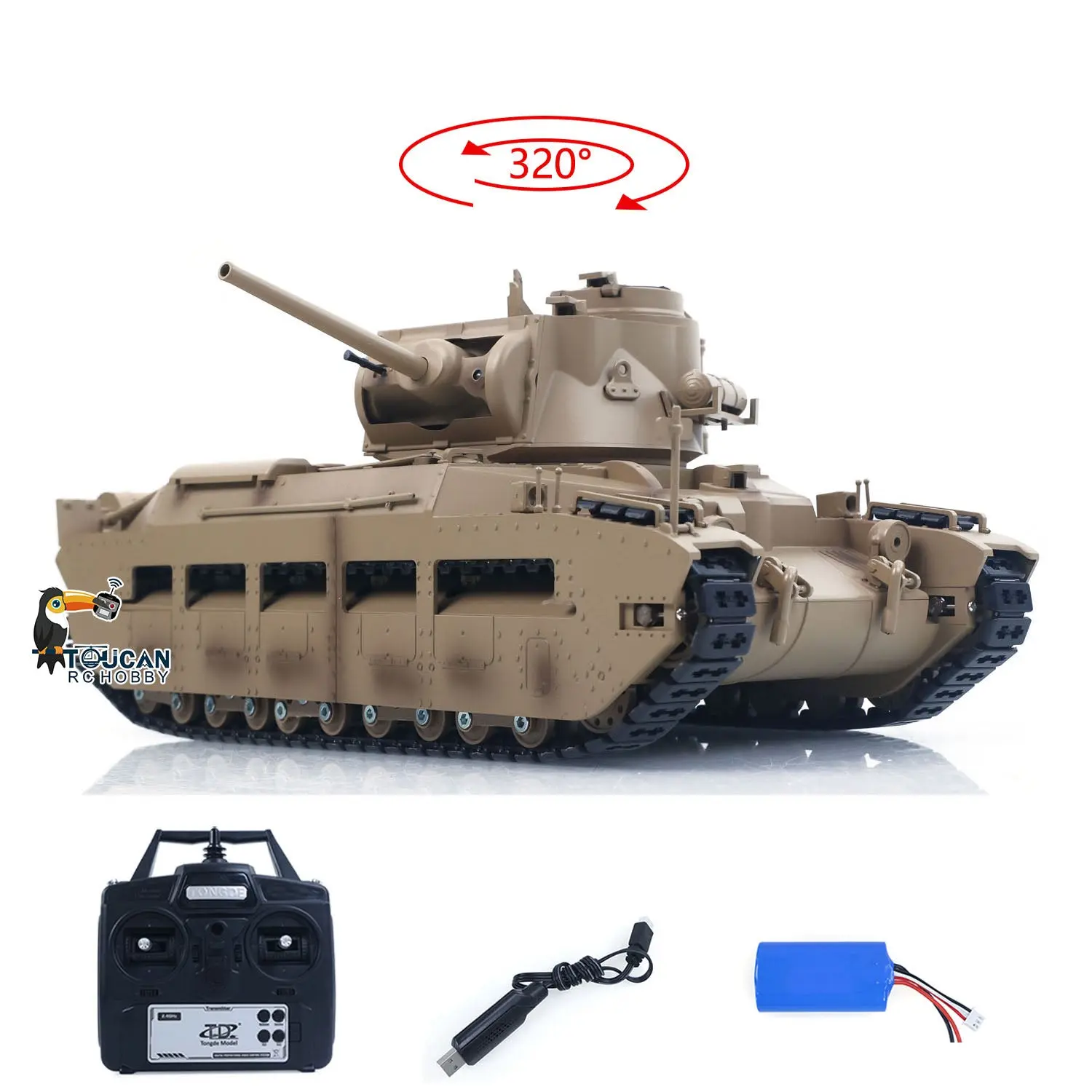 Tongde 1/16 Remote Control Military Tank Matilda III IV Turret Rotation 320 Degree IR Lights Sounds RC Electric Model Smoke Unit