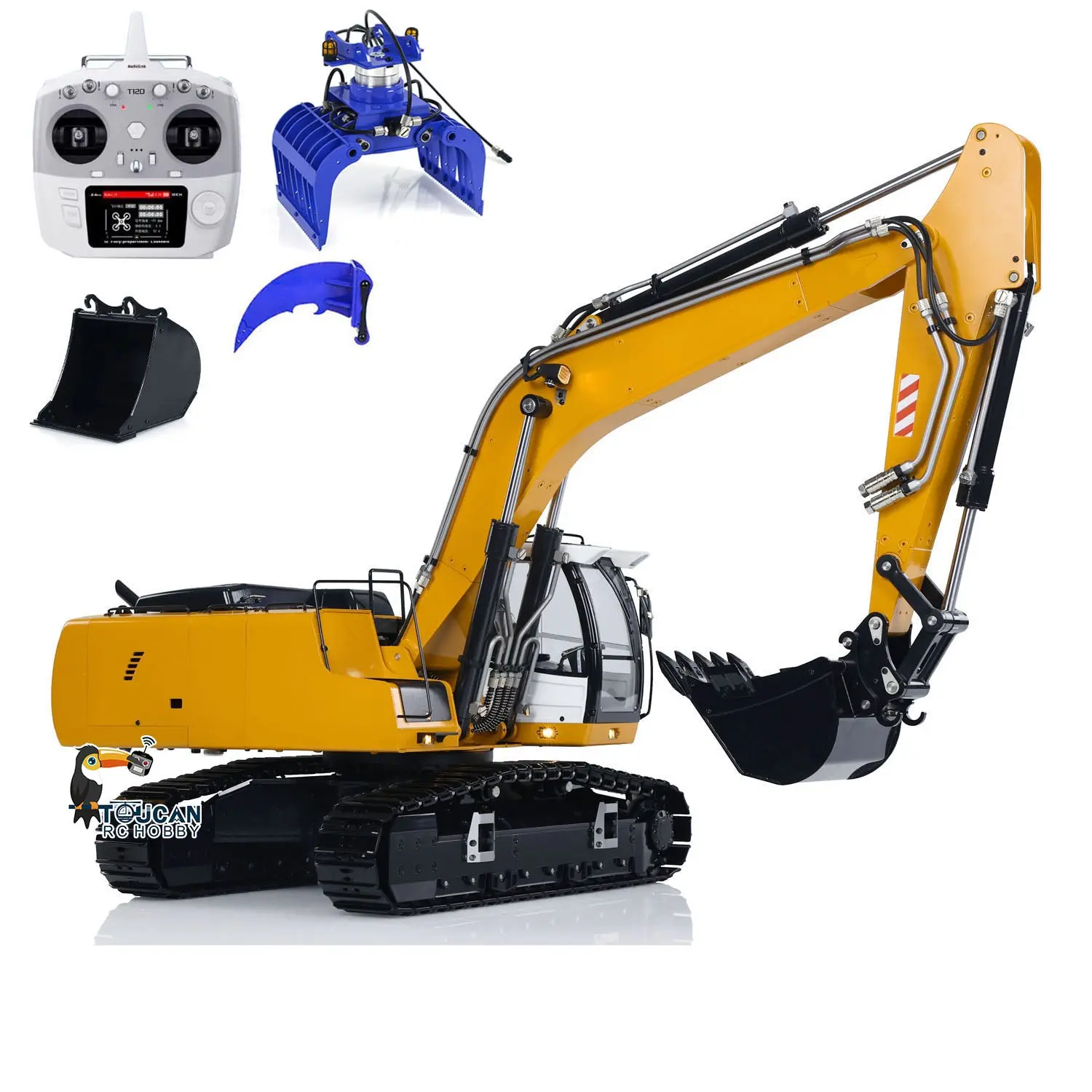 Remote Controlled Excavator 1/14 Scale 946 9CH Tracked Digger Two-Section Arm Metal Grab Bucket Ripper Light Motor ESC Cylinders