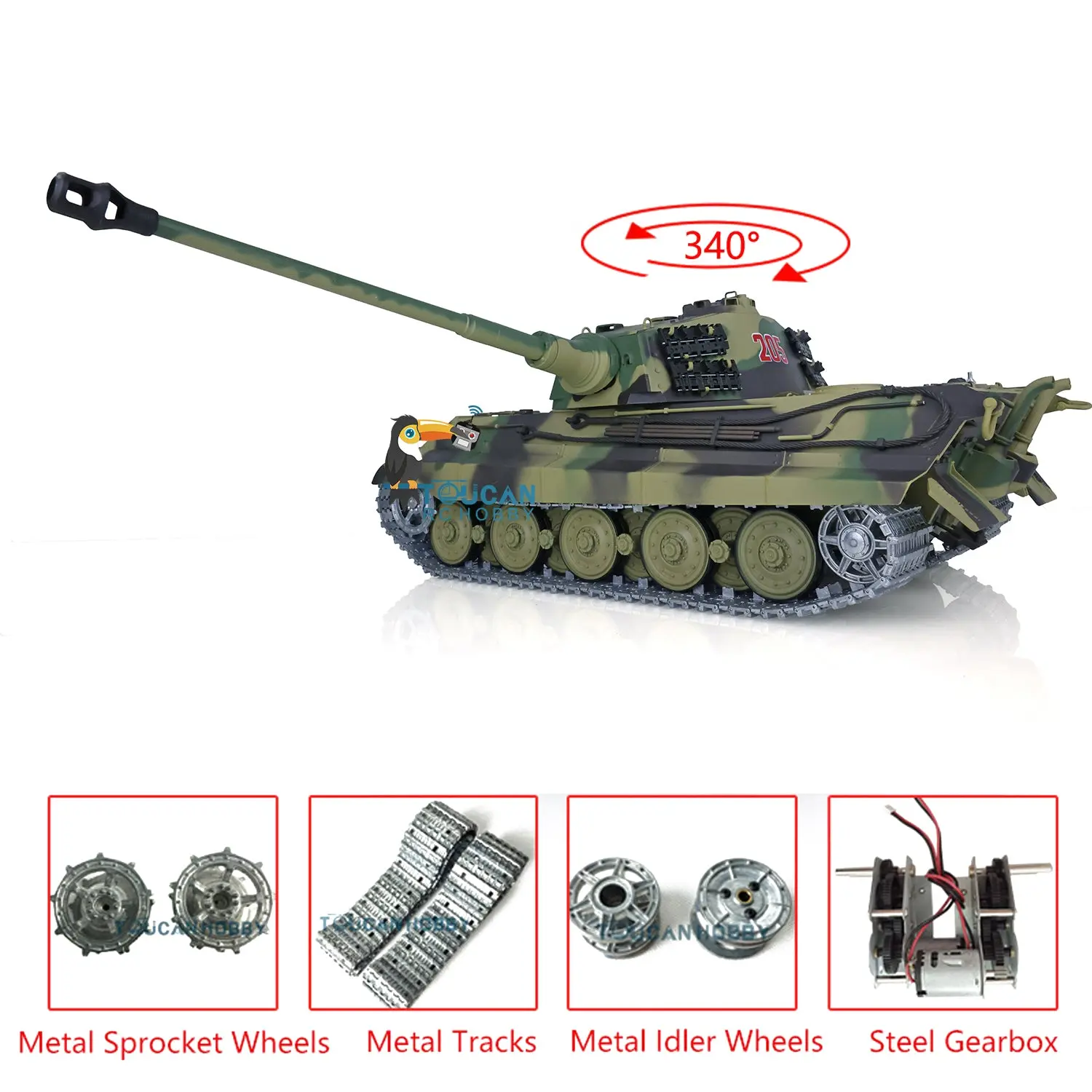 2.4Ghz Henglong 1:16 7.0 German King Tiger RTR RC Tank 3888A Model Metal Tracks 340 Degree Turret Steel Driving Gearbox