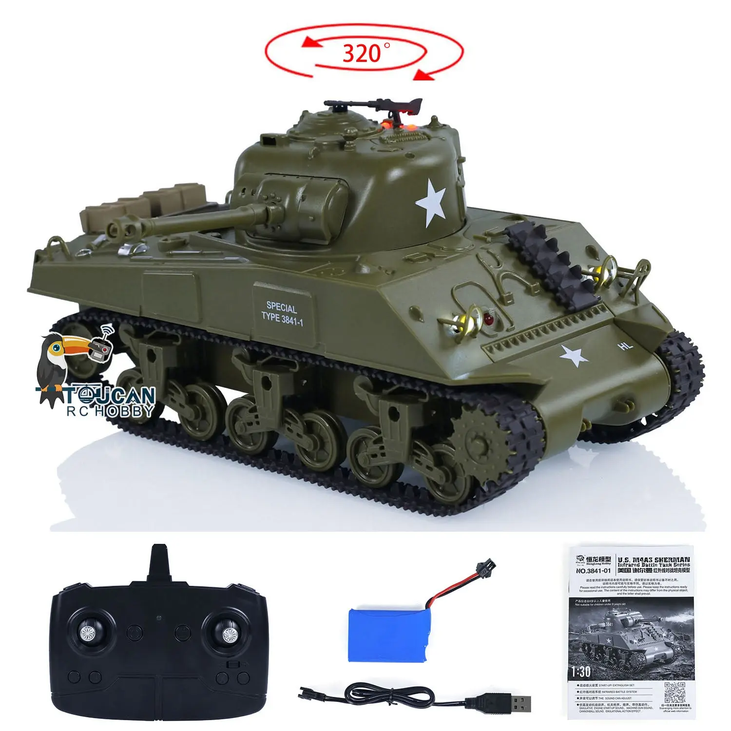 1/30 Heng Long Plastic RC Battle Tank Remote Control Panzer Sherman M4A3 3841-01 2.4G Infrared Combating System