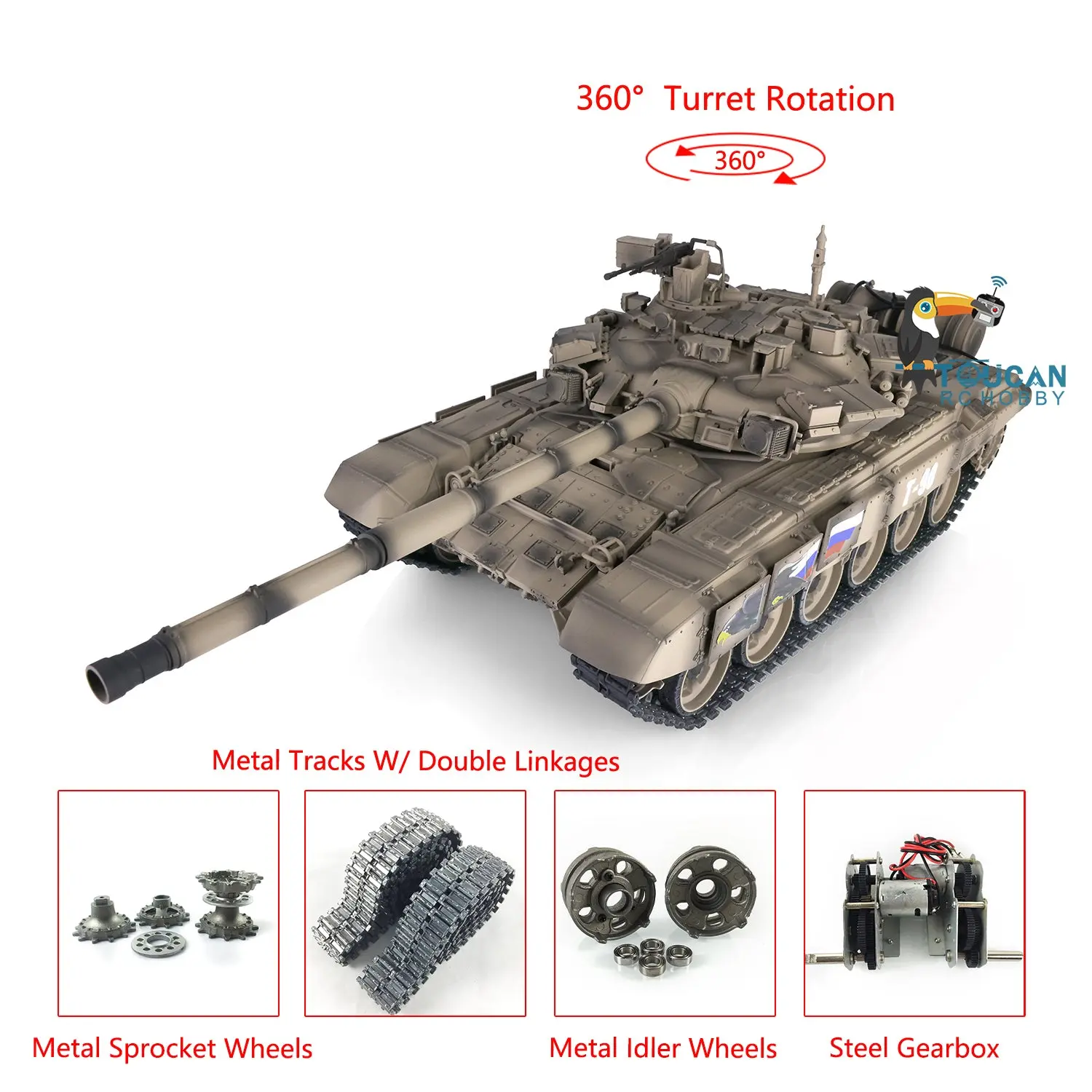 Henglong 7.0 Upgraded Russian T90 RTR 1:16 RC Tank Model 3938 W/ 360Degrees Turret Metal Tracks Linkages Idlers Sprockets