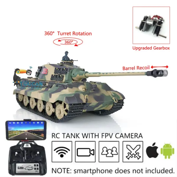 1/16 Henglong 7.0 RC Tank 3888A King Tiger Plastic 2.4G German Tank w/ FPV 360Degrees Rotating Turret Barrel Recoil Steel Gearbox
