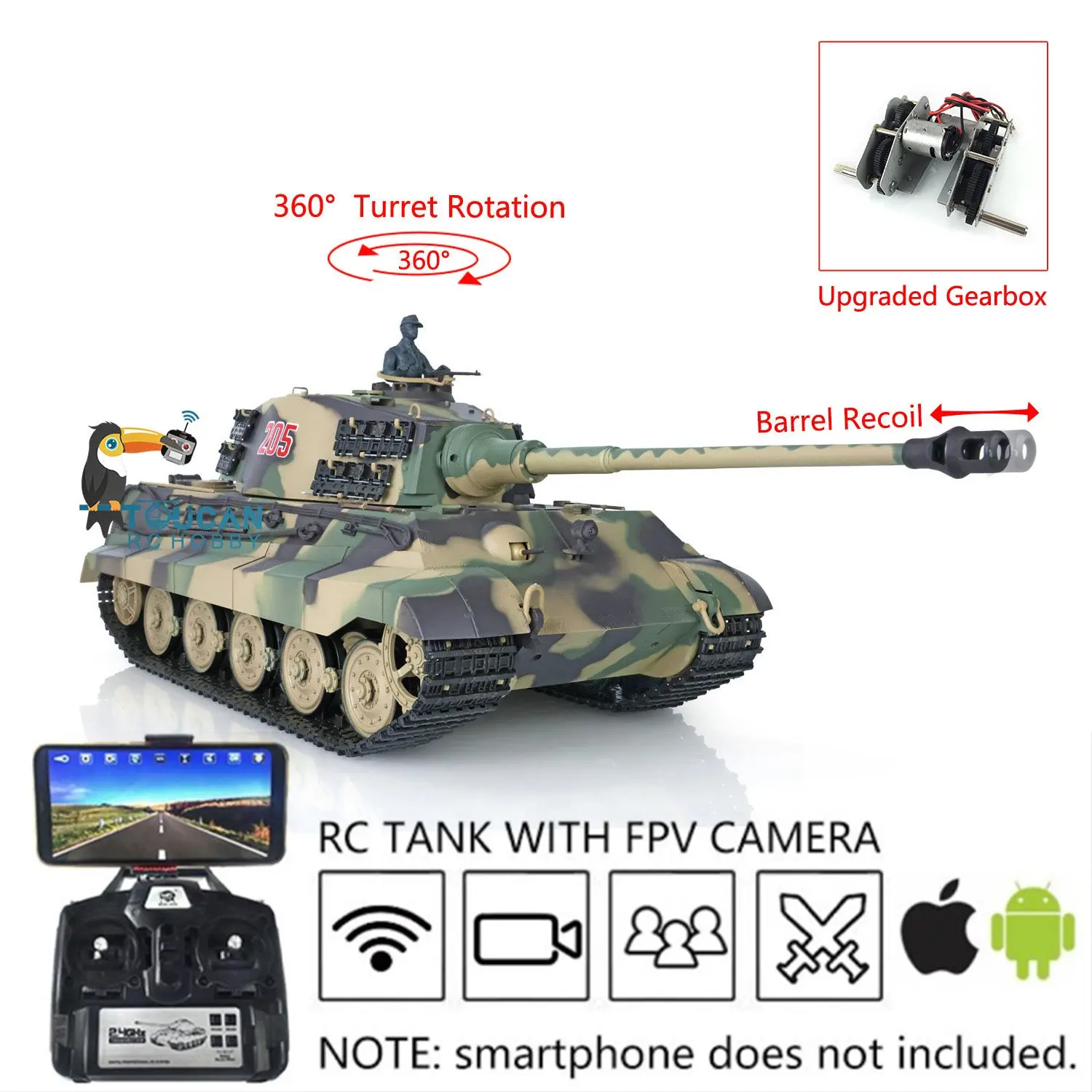 1/16 Henglong 7.0 RC Tank 3888A King Tiger Plastic 2.4G German Tank w/ FPV 360Degrees Rotating Turret Barrel Recoil Steel Gearbox