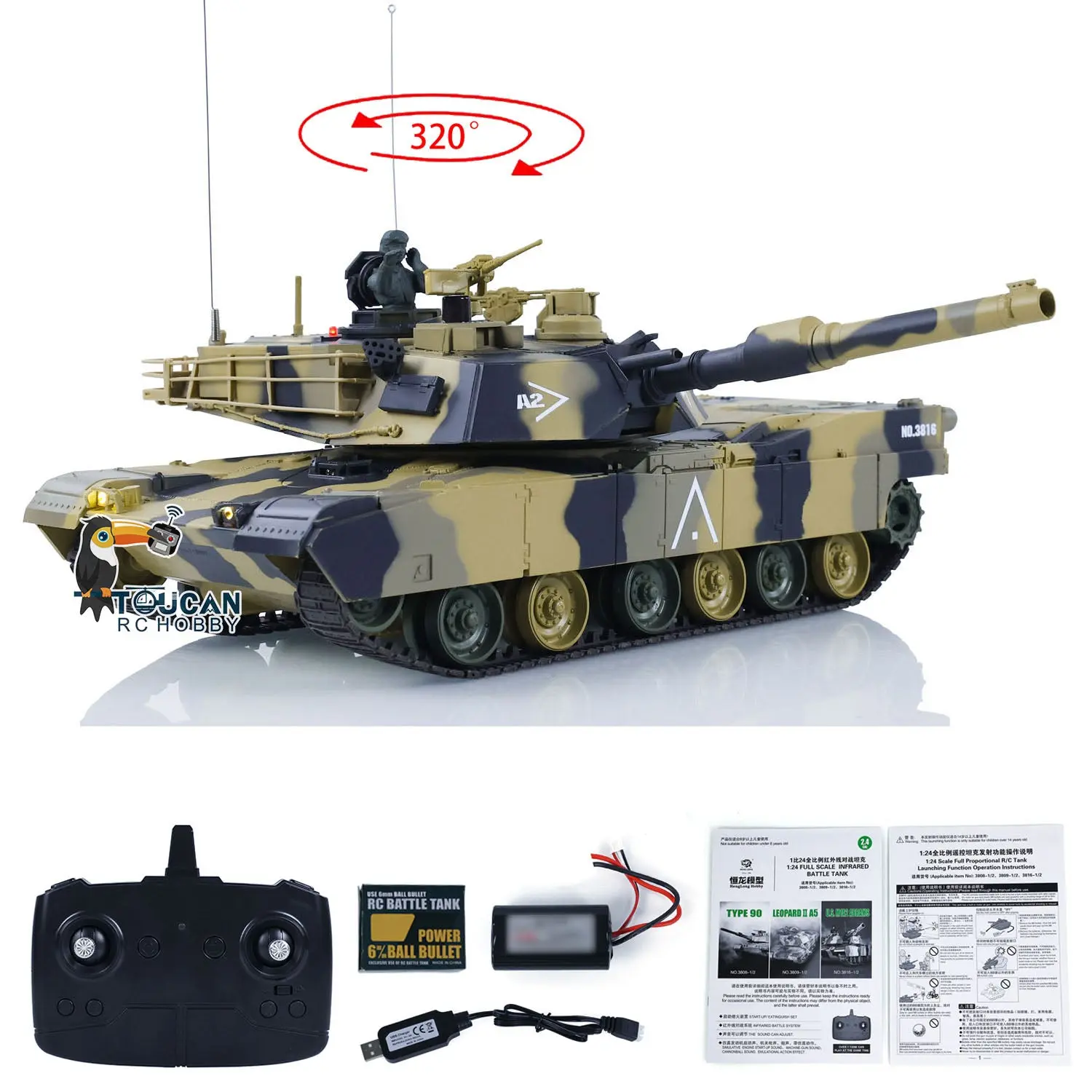 Heng Long 1/24 RC Tank Abrams M1A2 3816-2 2.4G Remote Control Battle Vehicle Panzer Simulation Model Painted Assembled