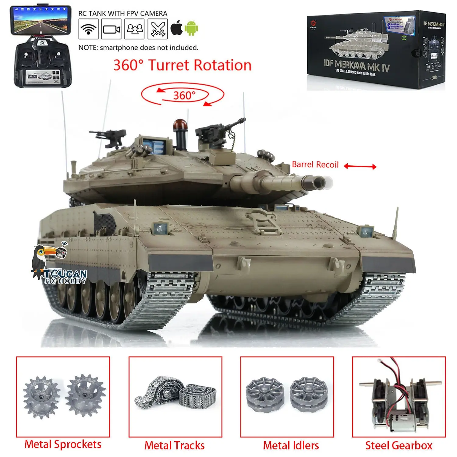 1:16 Heng Long 3958 RC Main Battle Tank IDF Merkava MK IV FPV Upgrade Edition W/ Metal Tracks 360 Rotating Barrel Recoil