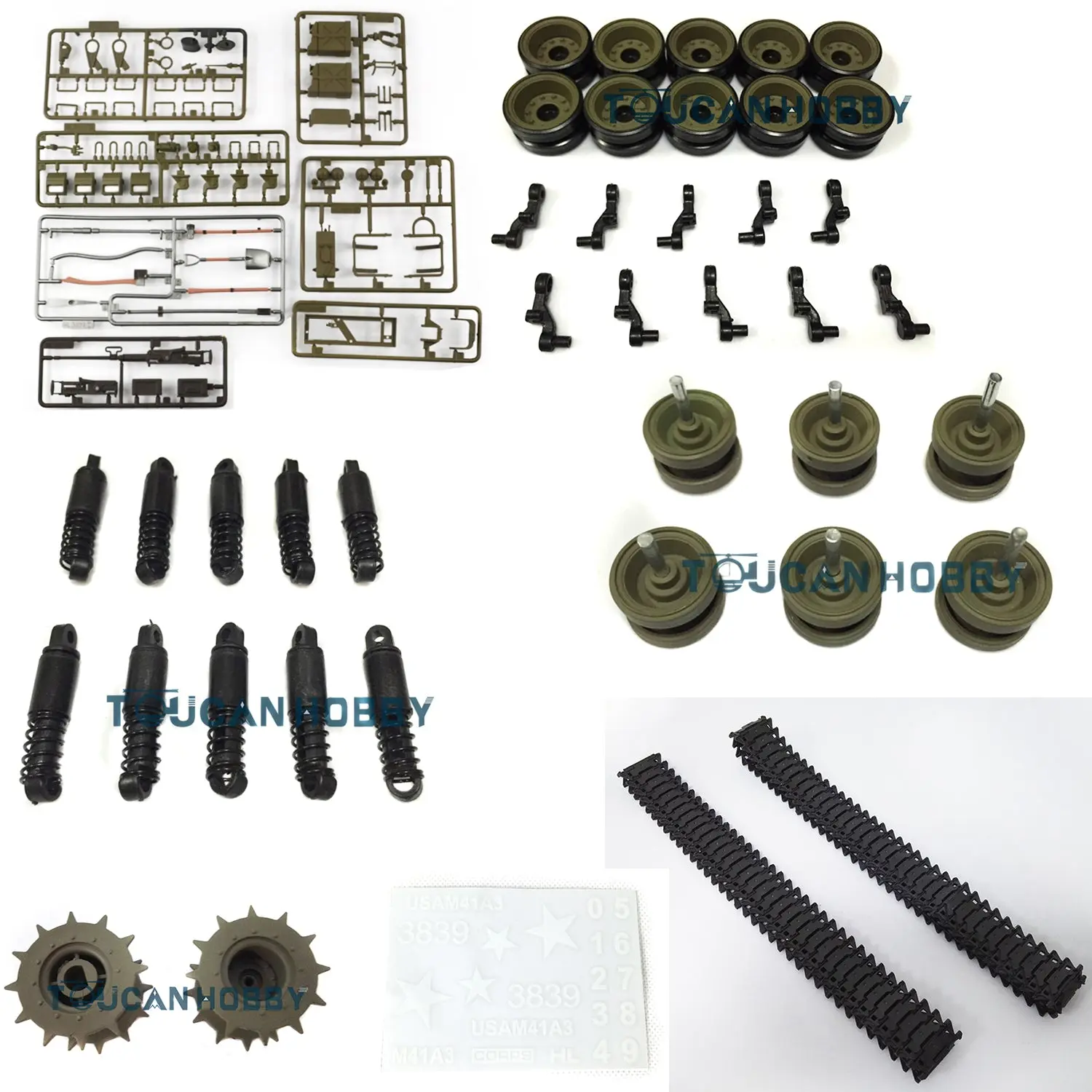 Henglong 1/16 USA Walker Bulldog RC Tank 3839 Plastic Parts Bag Sticker Shockable Suspension Bars Road Wheel Sprockes Tracks Idler
