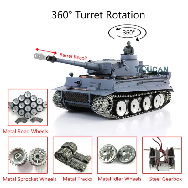 USED Henglong 1/16 Tiger I RC Tank 3818 7.0 w/ 360Degrees Rotating Turret Metal Idler Sproket Road Wheels Barrel Recoil Smoking Gearbox teshulianjie