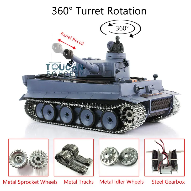 Henglong 1/16 7.0 Upgraded German Tank 3818 Radio Control Tiger I RC Tank W/ 360Degrees Turret Barrel Recoil Metal Idler Sproket Tracks