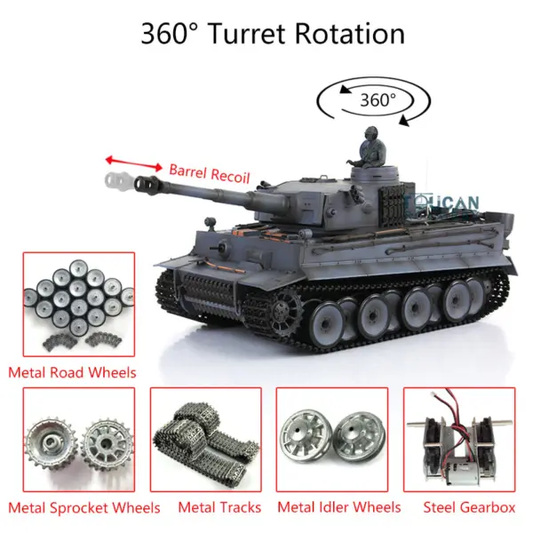 Henglong 1/16 Tiger I RC Tank 3818 7.0 w/ 360Degrees Rotating Turret Metal Idler Sproket Road Wheels Barrel Recoil Smoking Gearbox