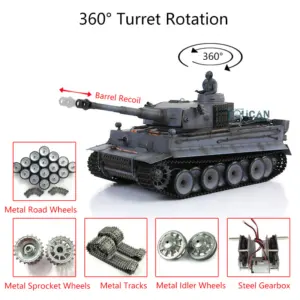 USED Henglong 1/16 Tiger I RC Tank 3818 7.0 w/ 360Degrees Rotating Turret Metal Idler Sproket Road Wheels Barrel Recoil Smoking Gearbox teshulianjie