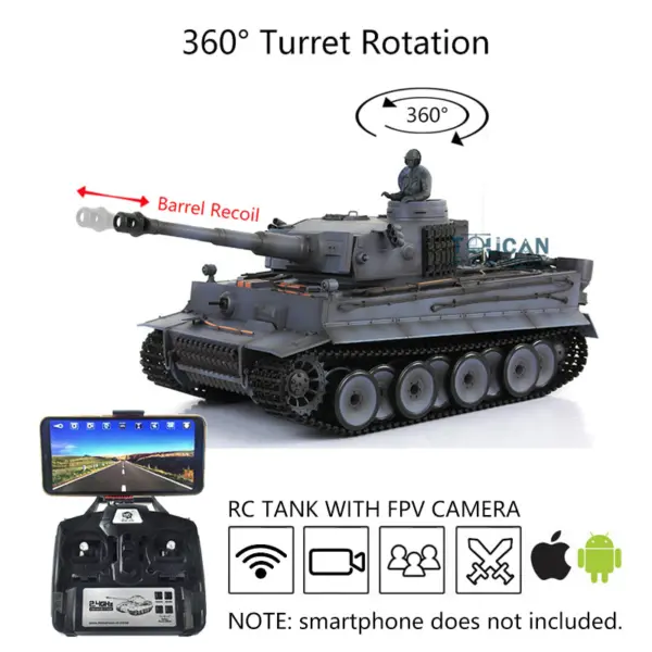 Henglong 1/16 7.0 Tiger I RC Tank 3818 w/ FPV Barrel Recoil 360Degrees Rotating Turret Metal Idler Sproket Road Wheels Engine Sound