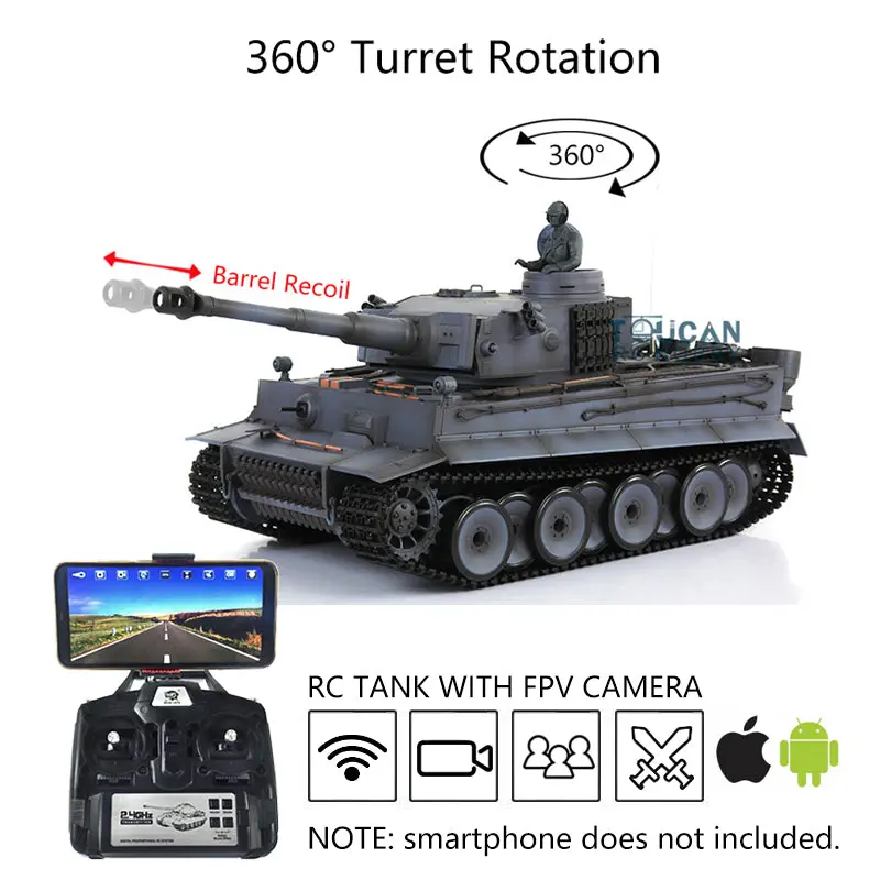 Henglong RTR RC Tank 1/16 Scale 7.0 Upgraded Tiger I 3818 w/ 360Degrees Rotating Turret Barrel Recoil FPV Metal Idler Sproket Tracks