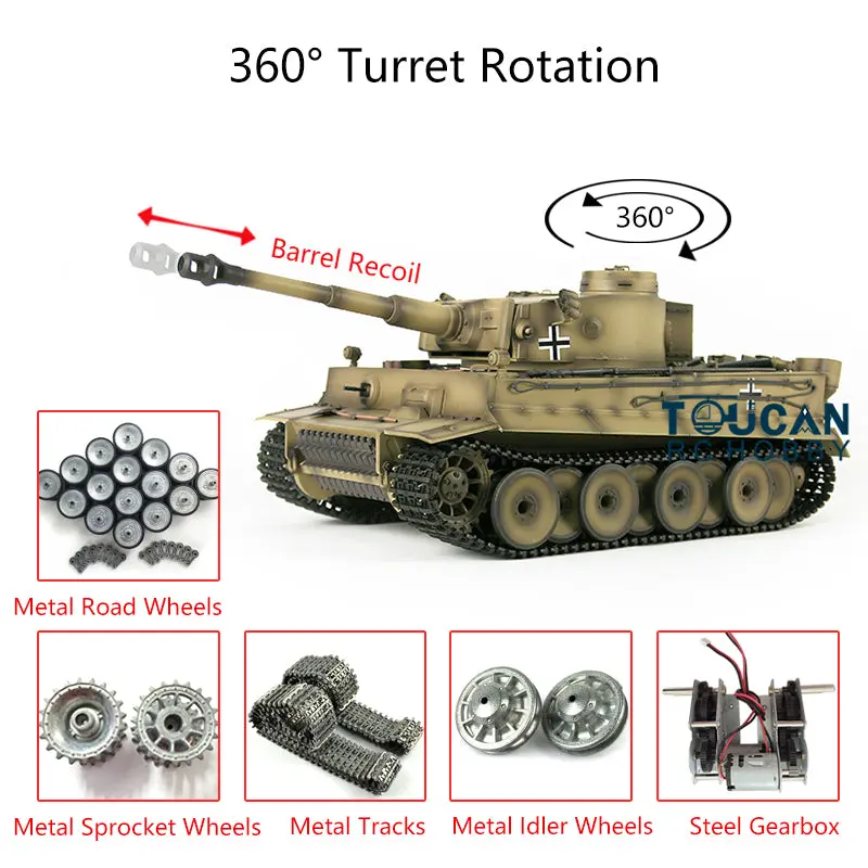 Henglong 1/16 Tiger I RC Tank 3818 7.0 w/ 360Degrees Rotating Turret Metal Idler Sproket Road Wheels Barrel Recoil Smoking Gearbox