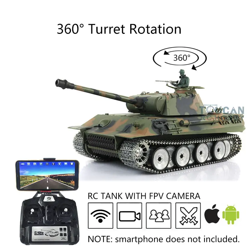 Henglong 1/16 7.0 RC Tank Panther 3819 w/ FPV 360Degrees Rotating Turret Metal Tracks Road Wheels Steel Gearbox Engine Sound Smoking