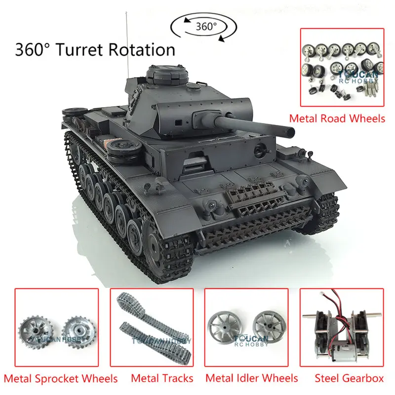 Henglong 1/16 7.0 Customized Panzer III L RTR RC Tank 3848 w/ 360Degrees Rotating Turret Metal Tracks Idler Sproket Road Wheels