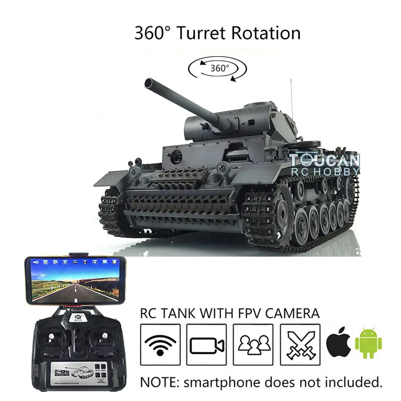 Henglong 1/16 RC Tank 7.0 Plastic Panzer III L 3848 Remote Control Tank w/ 360Degrees Rotating Turret FPV Steel Gearbox Smoking