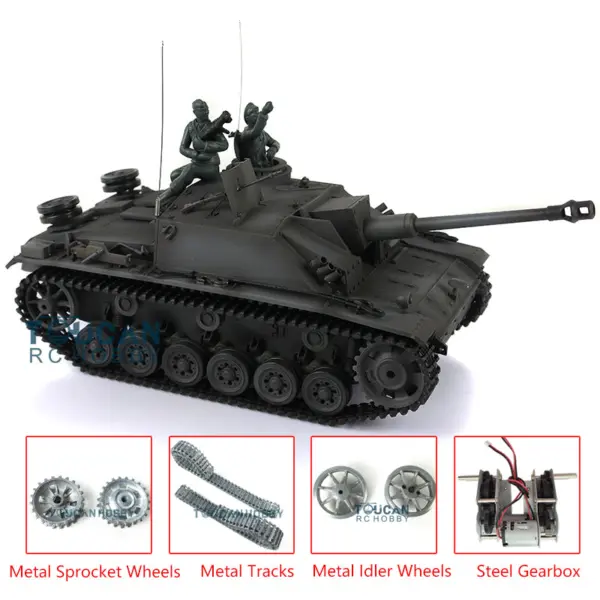 Henglong 1/16 RC Tank 3868 7.0 Upgraded German Stug III RTR Tank w/ Metal Tracks Idler Sproket Wheels Smoking Gearbox Engine Sound