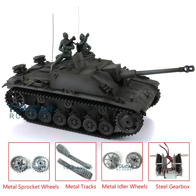Henglong 1/16 RC Tank 3868 7.0 Upgraded German Stug III RTR Tank w/ Metal Tracks Idler Sproket Wheels Smoking Gearbox Engine Sound