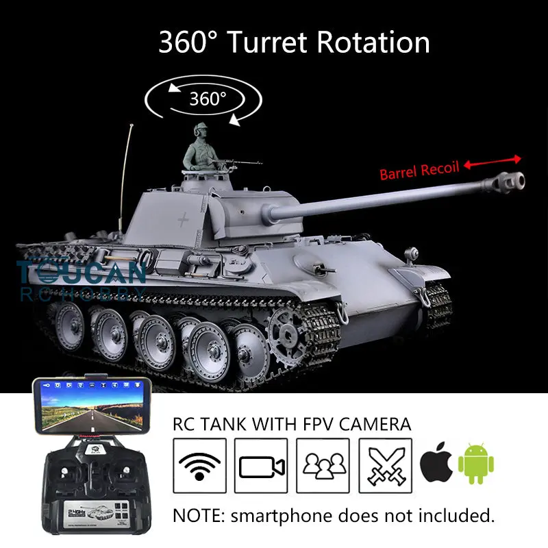 Henglong 1/16 7.0 RC Tank German Panther G Upgraded 3879 w/ FPV 360Degrees Rotating Turret Barrel Recoil Smoking Gearbox Sound Effect