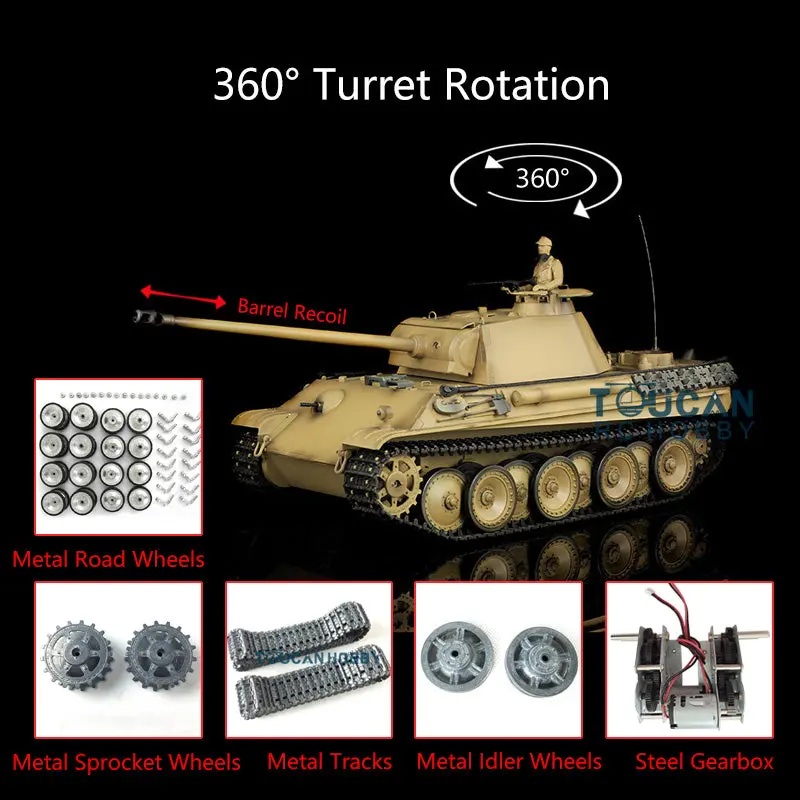 Henglong 1/16 RC Tank 7.0 3879 Customized German Tank Panther G RTR Tank w/ 360Degrees Rotating Turret Barrel Recoil Metal Road Wheel