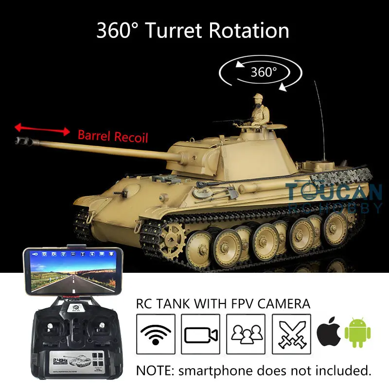 Henglong 1/16 7.0 RC Tank German Panther G Upgraded 3879 w/ FPV 360Degrees Rotating Turret Barrel Recoil Smoking Gearbox Sound Effect