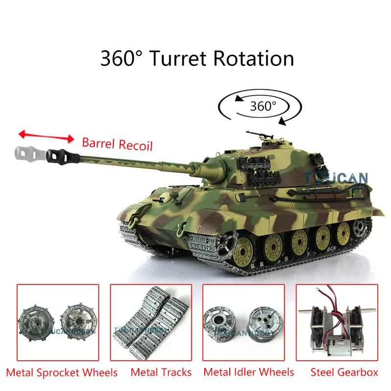 Henglong 1/16 7.0 Upgraded King Tiger RC Tank 3888A w/ 360Degrees Rotating Turret Barrel Recoil Metal Track Idler Sproket Wheels Smoking