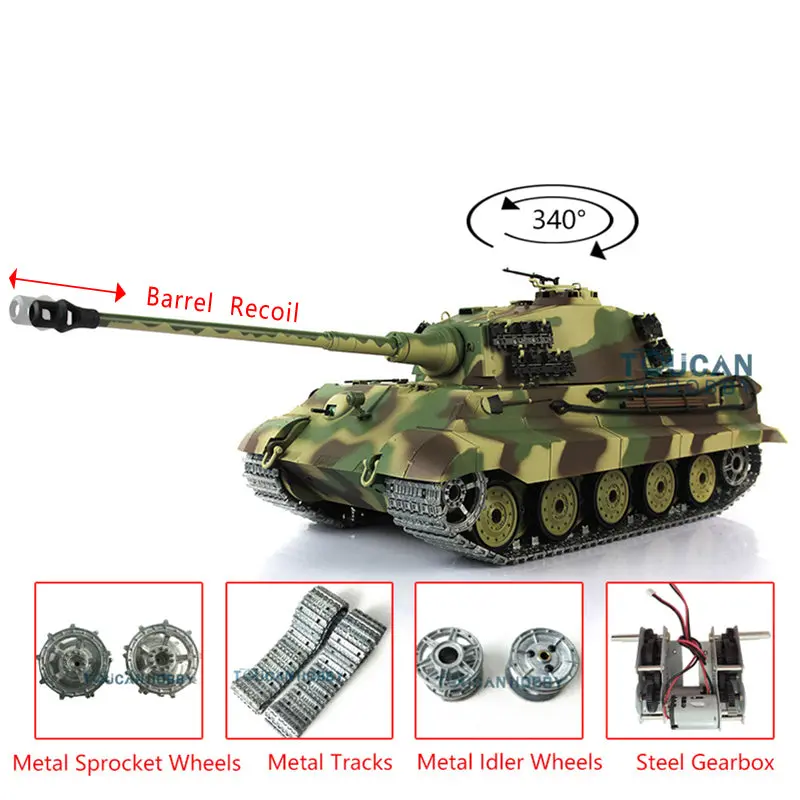 Henglong 2.4G RC Tank 1/16 7.0 3888A German King Tiger Radio Control Tank w/ Metal Track Idler Sproket Wheels Barrel Recoil