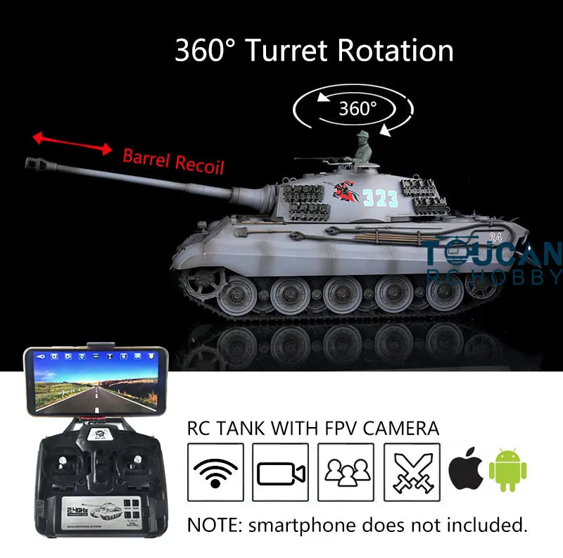 Henglong 1/16 Radio Control Tank 7.0 King Tiger RC Tank 3888A w/ FPV Barrel Recoil 360Degrees Rotating Turret Metal Road Wheels Smoking