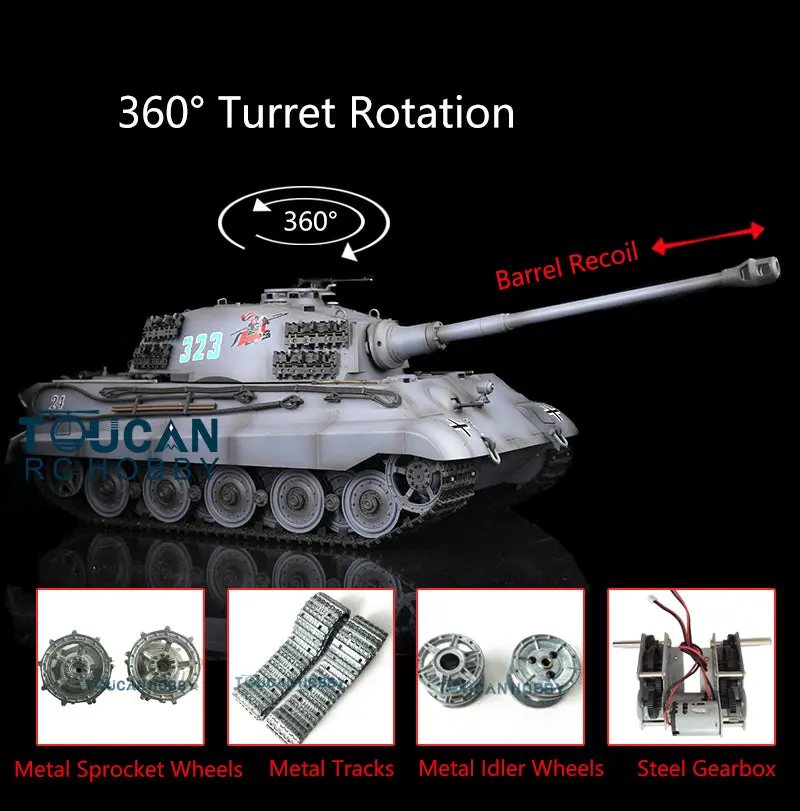 Henglong 1/16 7.0 Upgraded King Tiger RC Tank 3888A w/ 360Degrees Rotating Turret Barrel Recoil Metal Track Idler Sproket Wheels Smoking