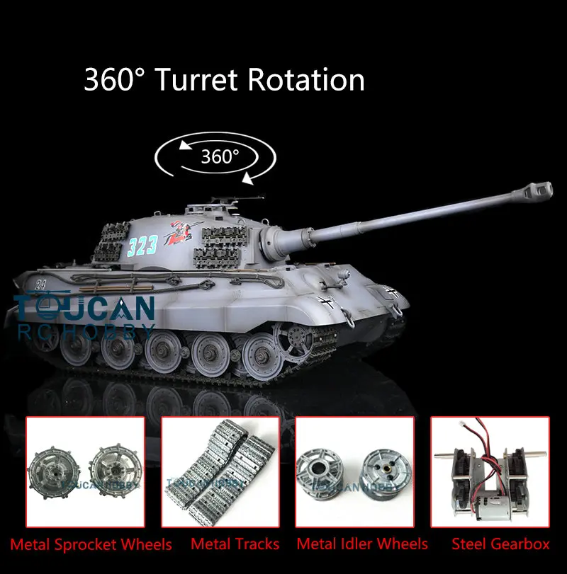 Henglong 1/16 7.0 Radio Control Tank German King Tiger Upgraded 3888A RC Tank W/ 360Degrees Rotating Turret Metal Tracks BB Shooting
