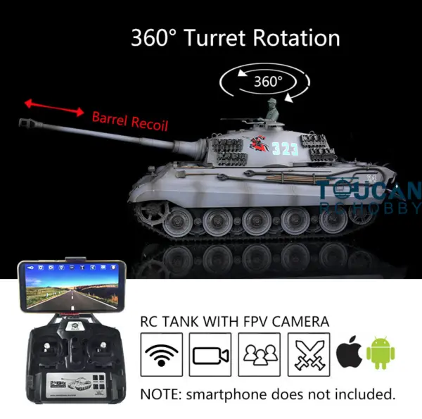 1/16 Henglong 7.0 RC Tank 3888A King Tiger Plastic 2.4G German Tank w/ FPV 360Degrees Rotating Turret Barrel Recoil Steel Gearbox