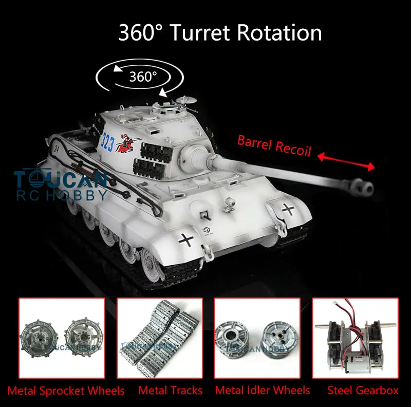 Henglong 1/16 7.0 Upgraded King Tiger RC Tank 3888A w/ 360Degrees Rotating Turret Barrel Recoil Metal Track Idler Sproket Wheels Smoking