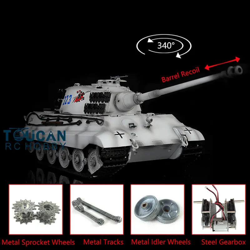 Henglong 2.4G RC Tank 1/16 7.0 3888A German King Tiger Radio Control Tank w/ Metal Track Idler Sproket Wheels Barrel Recoil