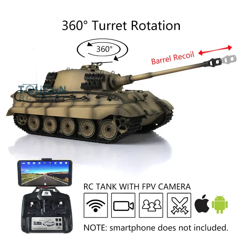 Henglong 1/16 Radio Control Tank 7.0 King Tiger RC Tank 3888A w/ FPV Barrel Recoil 360Degrees Rotating Turret Metal Road Wheels Smoking