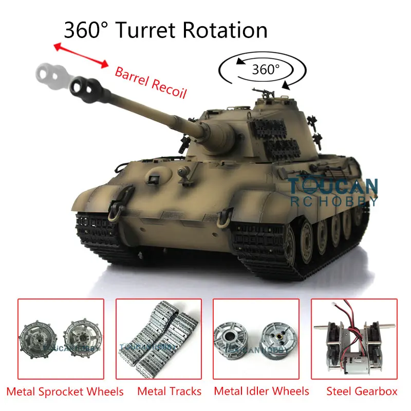 Henglong 1/16 7.0 Upgraded King Tiger RC Tank 3888A w/ 360Degrees Rotating Turret Barrel Recoil Metal Track Idler Sproket Wheels Smoking