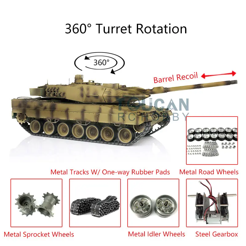 Henglong Military Tank 1/16 TK7.0 Leopard2A6 RC Tank Upgraded 3889 Barrel Recoil 360 Rotating Turret Metal Tracks W/ Rubber Pad
