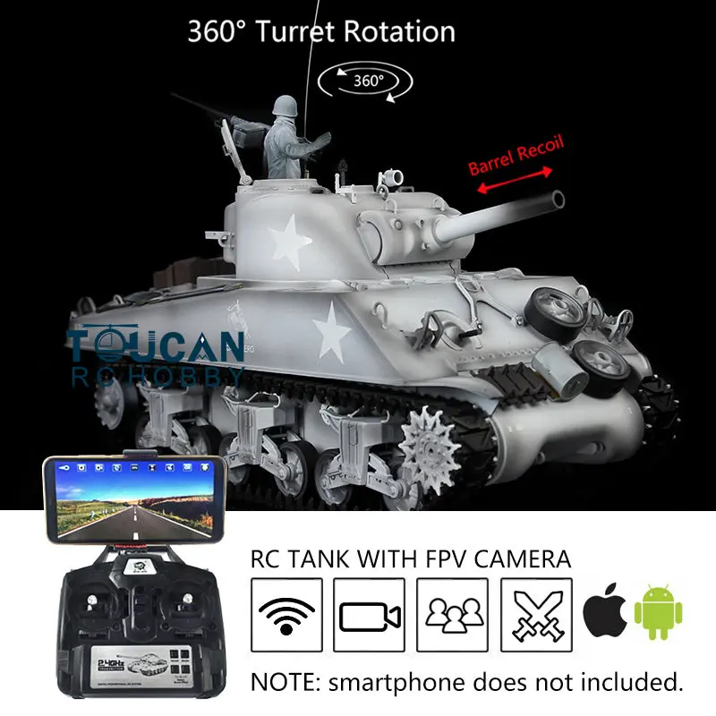 Henglong 1/16 Customized 7.0 M4A3 Sherman RC Tank 3898 w/ 360Degrees Rotating Turret FPV Barrel Recoil Metal Road Wheels Tracks Idler